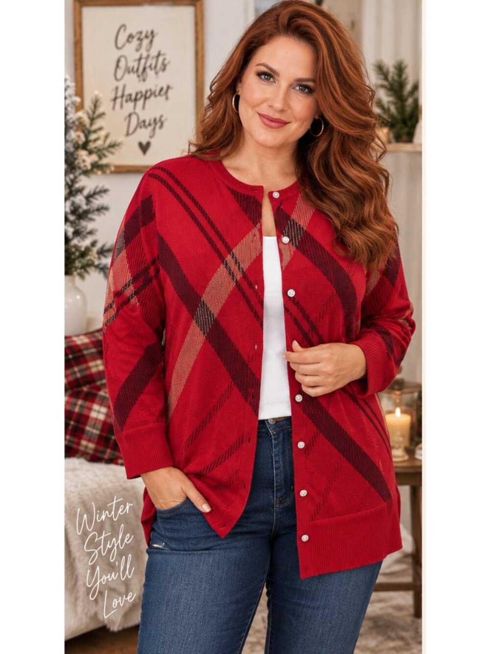 Lands End 1X Supima Cotton Cardigan Sweater Red Plaid Preppy Classic Winter